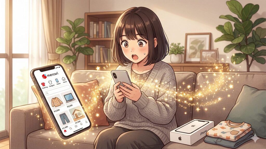 メルカリで相場を調べて驚く女性のイラスト