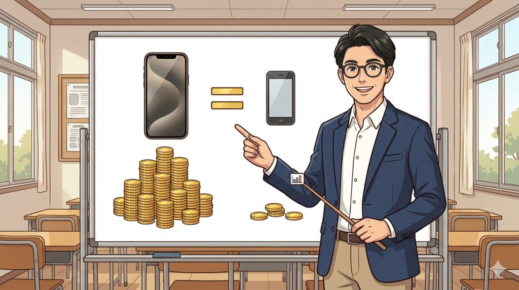 リセールバリューの実質コストを解説するリセール先生のイラスト