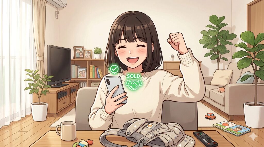 メルカリで商品が売れて喜ぶ女性のイラスト