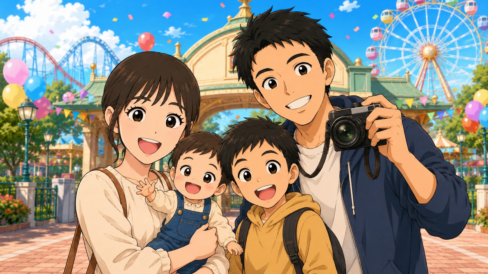 メルカリ売上で家族旅行を楽しむイラスト
