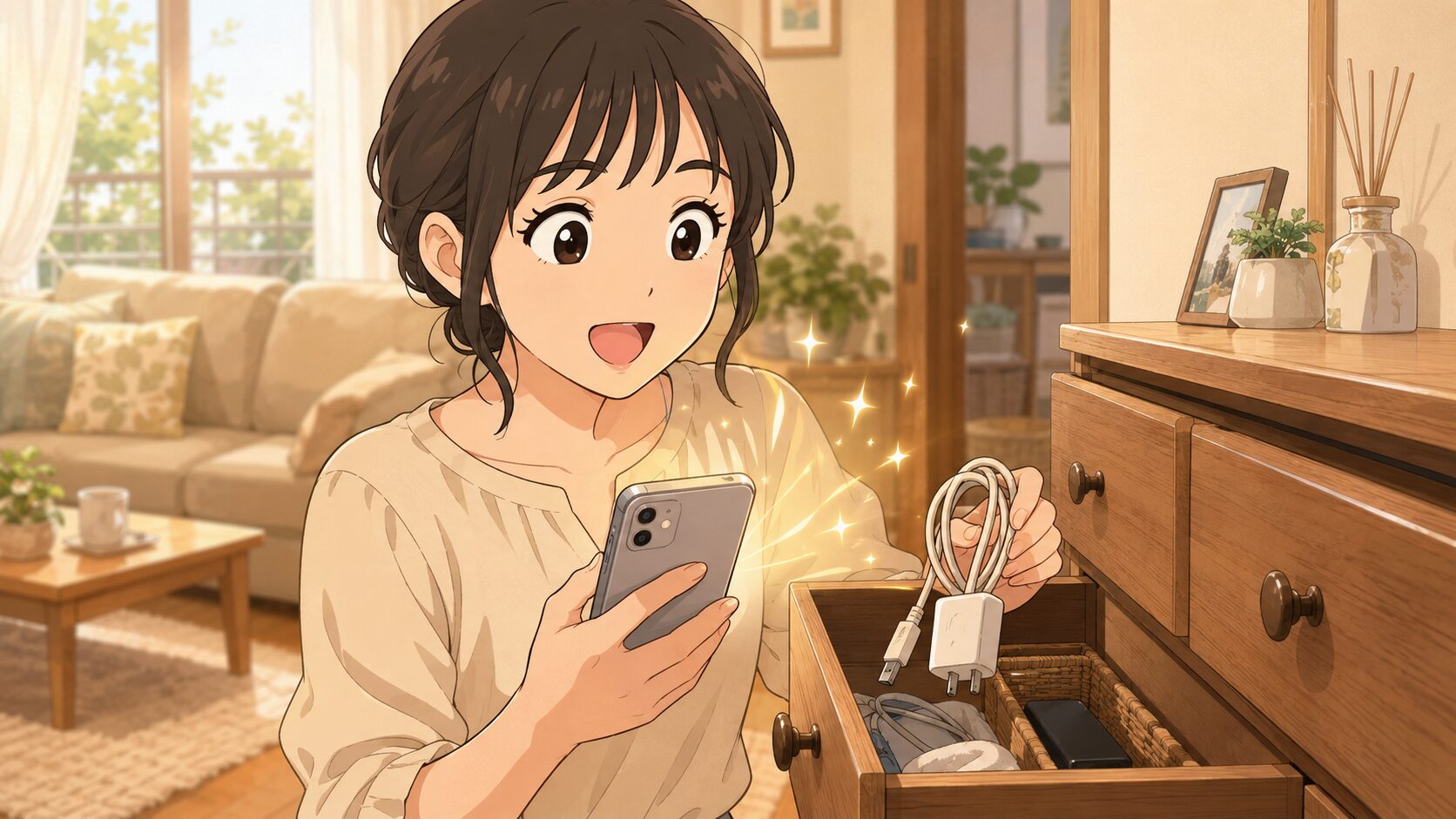 メルカリで初めて充電器が売れた主婦のイラスト