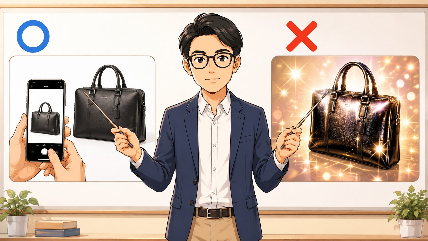 メルカリ出品写真の加工OK・NG例のイラスト